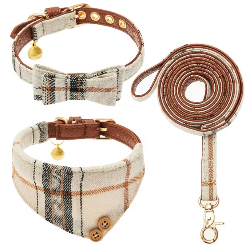 3-Piece Plaid Dog Collar & Leash Set with Bow Tie & Bandana