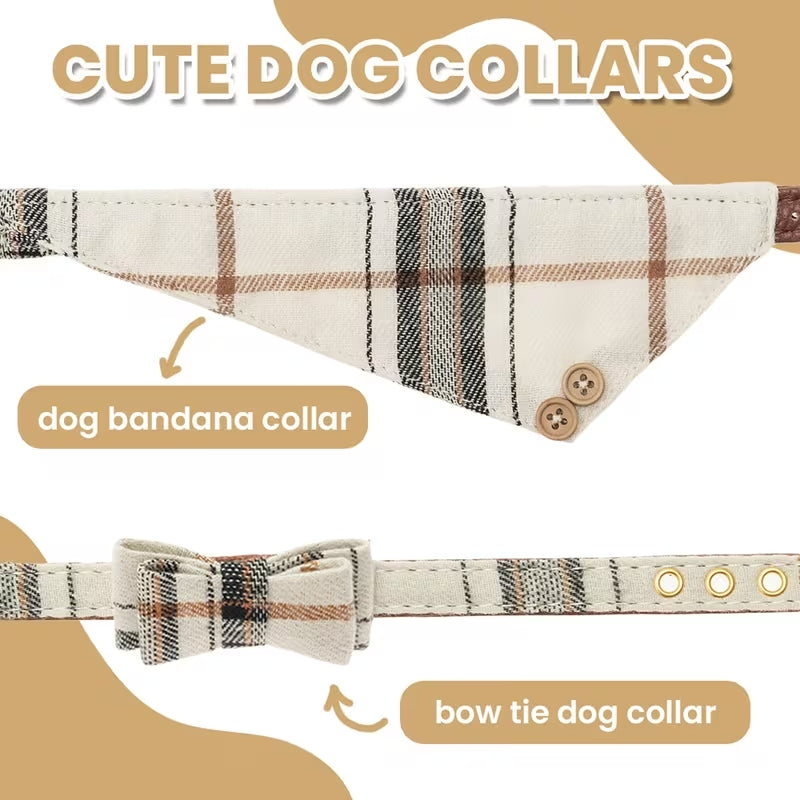 3-Piece Plaid Dog Collar & Leash Set with Bow Tie & Bandana