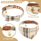 3-Piece Plaid Dog Collar & Leash Set with Bow Tie & Bandana