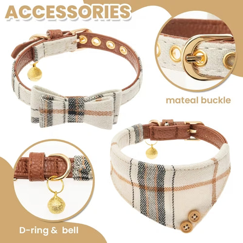 3-Piece Plaid Dog Collar & Leash Set with Bow Tie & Bandana